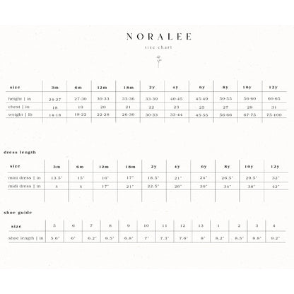 Size chart for Noralee, detailing measurements for height, chest, weight, dress length, and shoe size.
