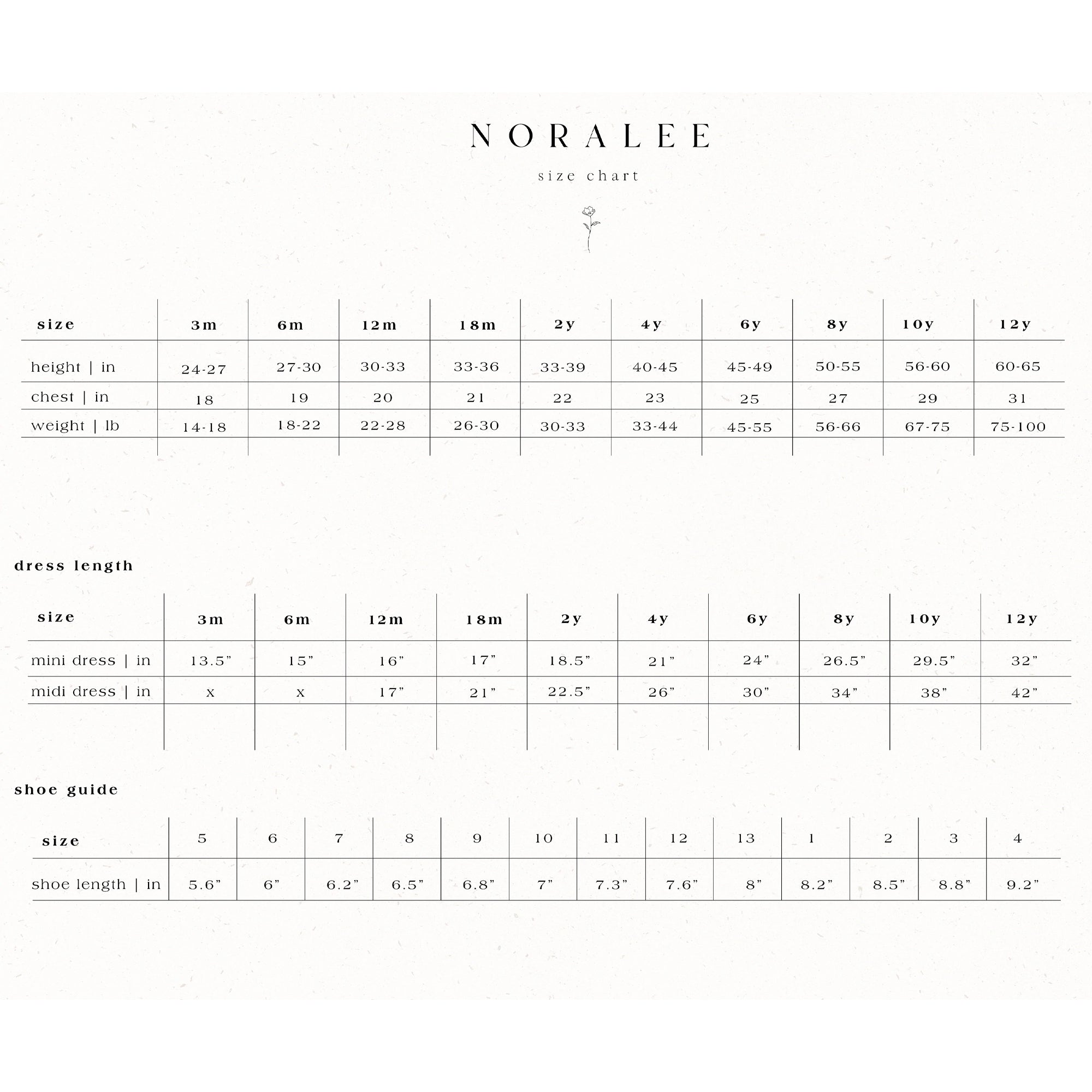 Size chart for Noralee including height, chest, weight, dress length, and shoe size guides for children.