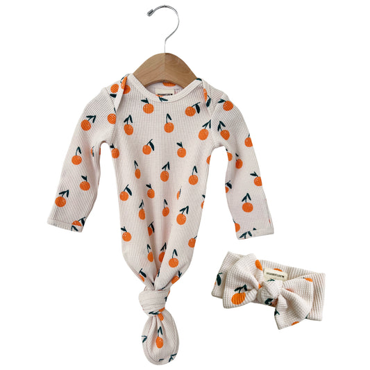 Organic Waffle Knotted Gown & Bow Set, Oranges