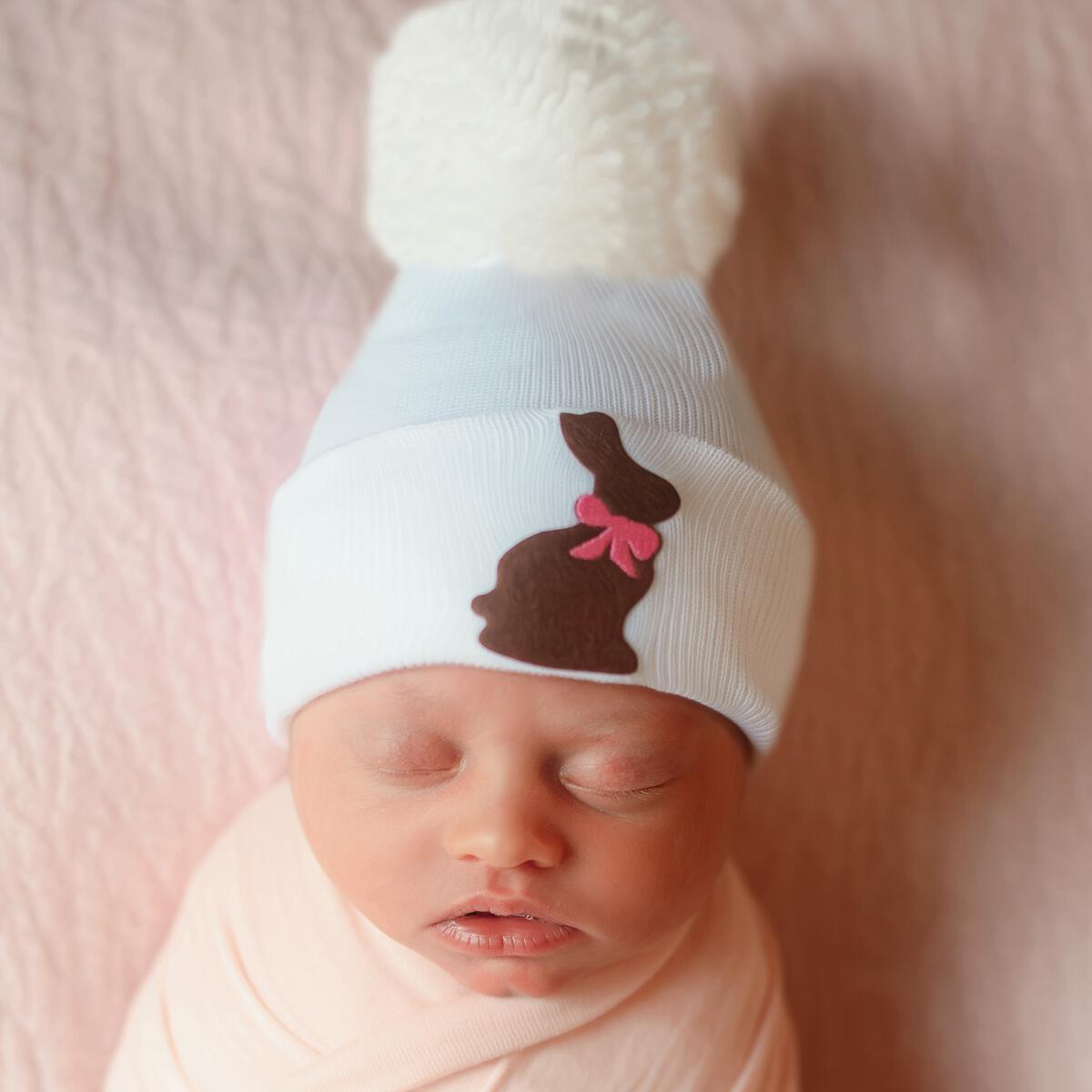 SpearmintLOVE’s baby Newborn Pom Hat, Pink Chocolate Bunny