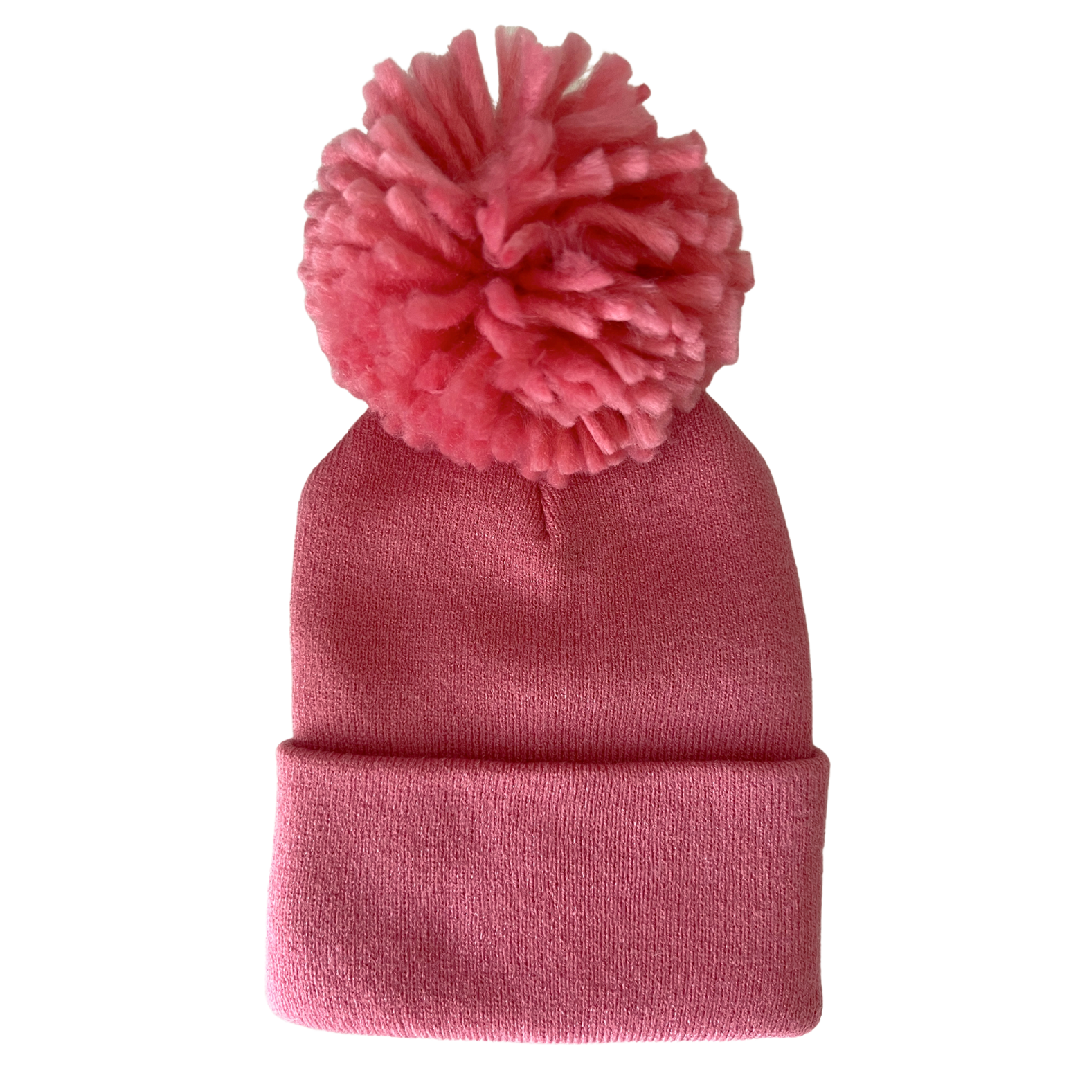 Pink knitted beanie with a large fluffy pom-pom on top, perfect for winter wear.