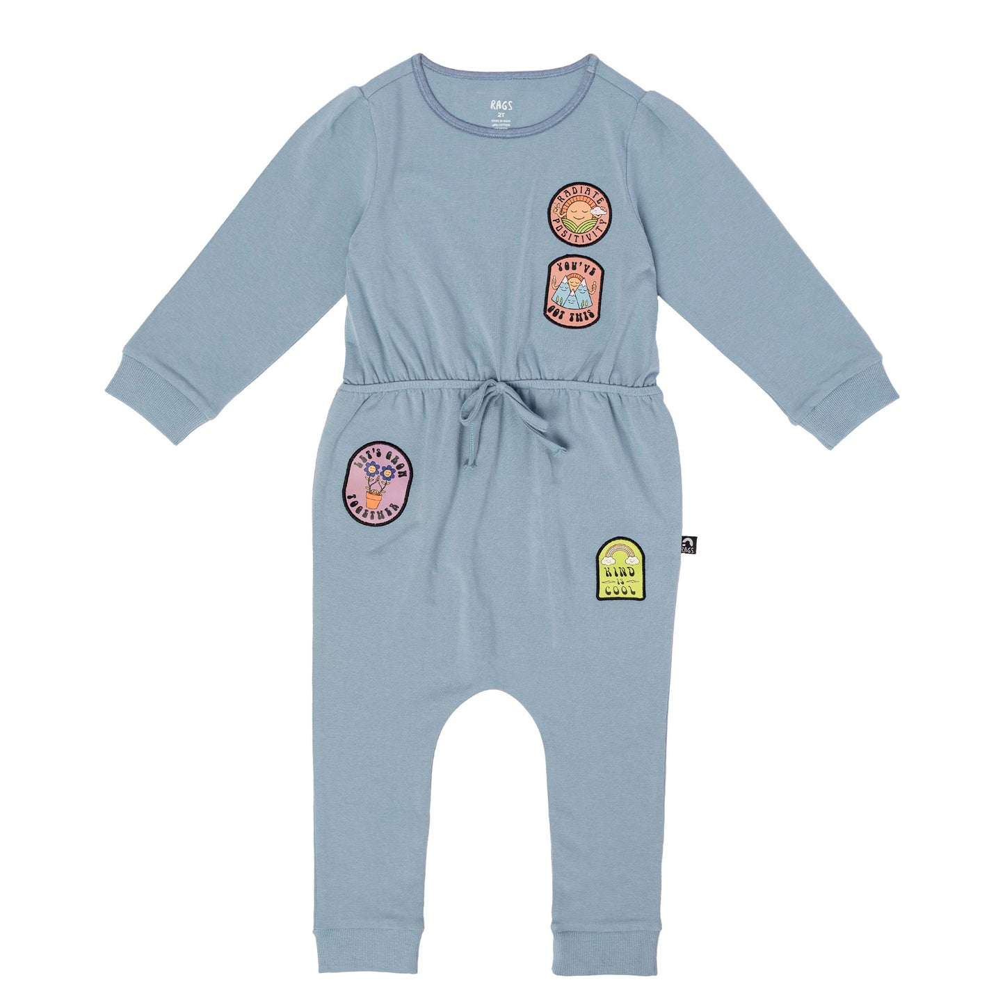 Long Puff Sleeve Gather Waist Rag Romper, Positive Patches, Ashley Blue