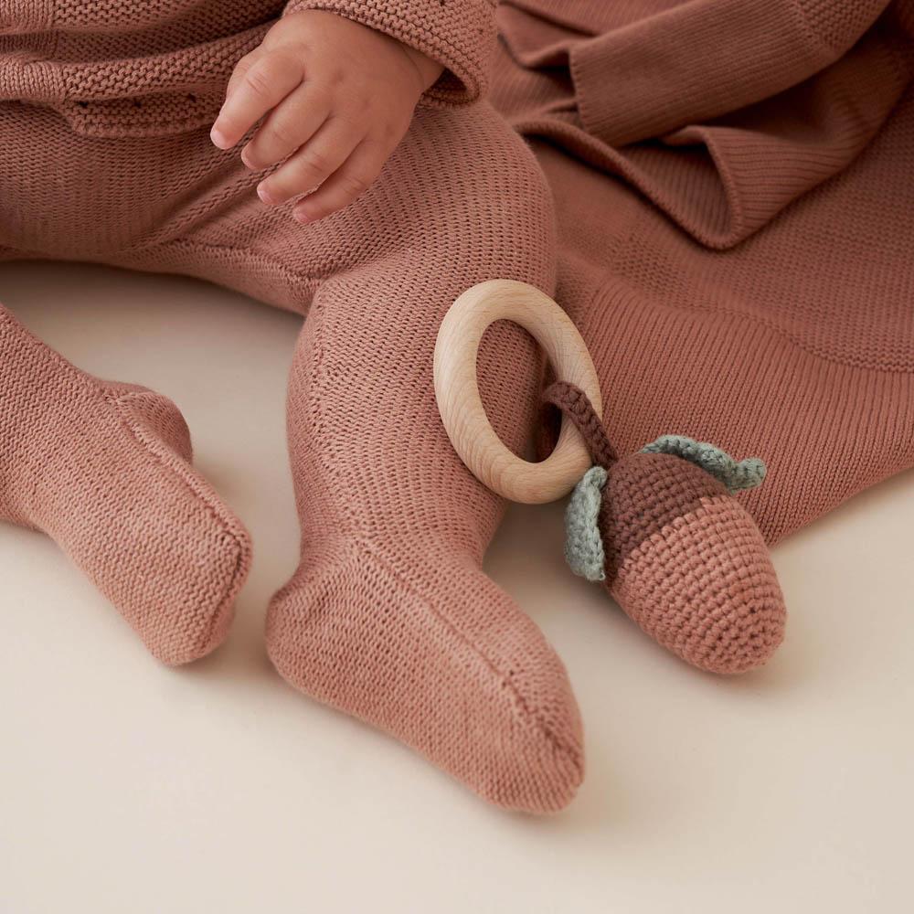 Acorn Knit Wooden Ring Rattle