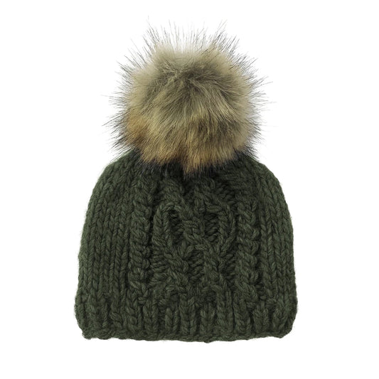 SpearmintLOVE’s baby Cable Knit Fur Pom Hat, Rifle Green