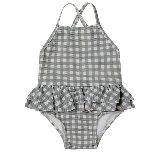 Ruffled One-Piece Swimsuit, Sea Green Gingham