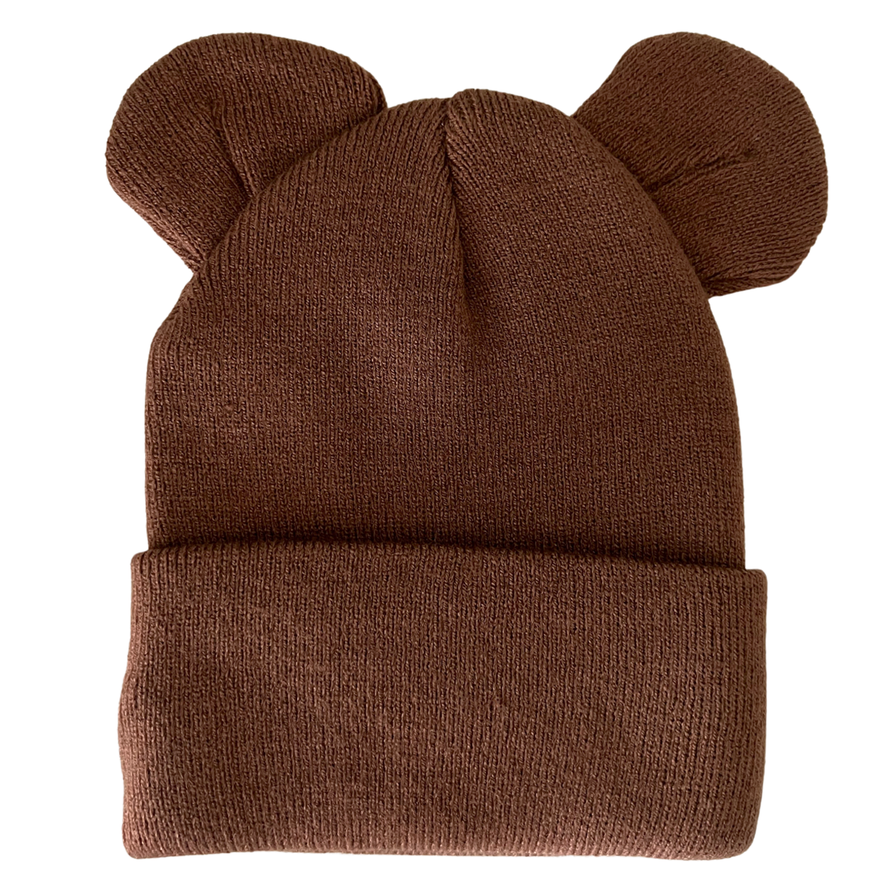 Brown knitted beanie hat with bear ears on top, featuring a folded cuff for a snug fit.