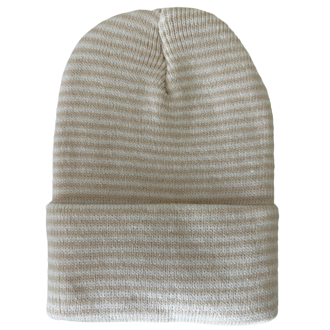 Light beige striped knit beanie with a folded cuff, perfect for cold weather.
