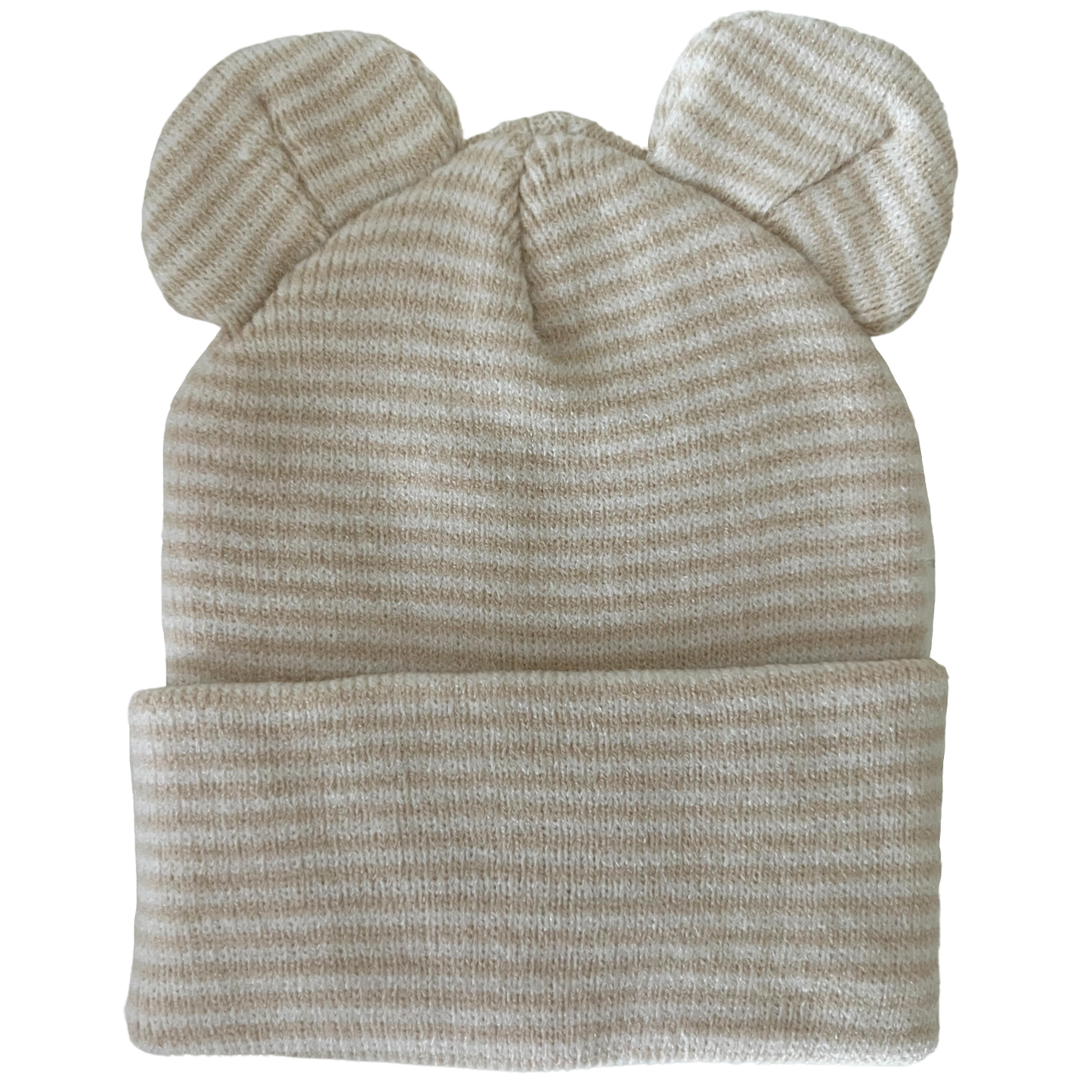 Tan striped beanie hat with two round ear-shaped embellishments on top.