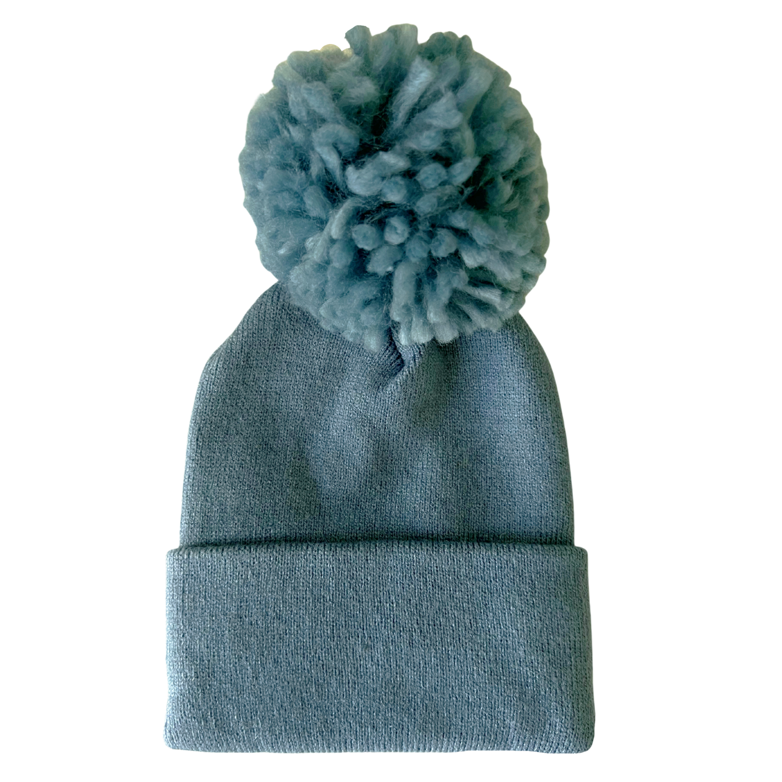 Light blue knit beanie with a fluffy pom-pom on top, featuring a folded cuff.
