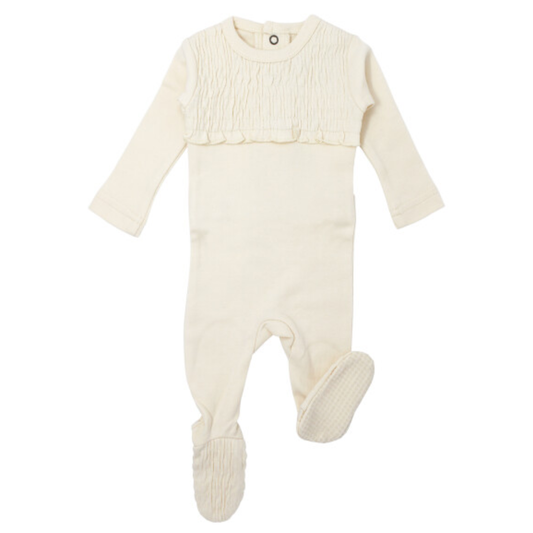 SpearmintLOVE’s baby Organic Smocked Footie, Beige