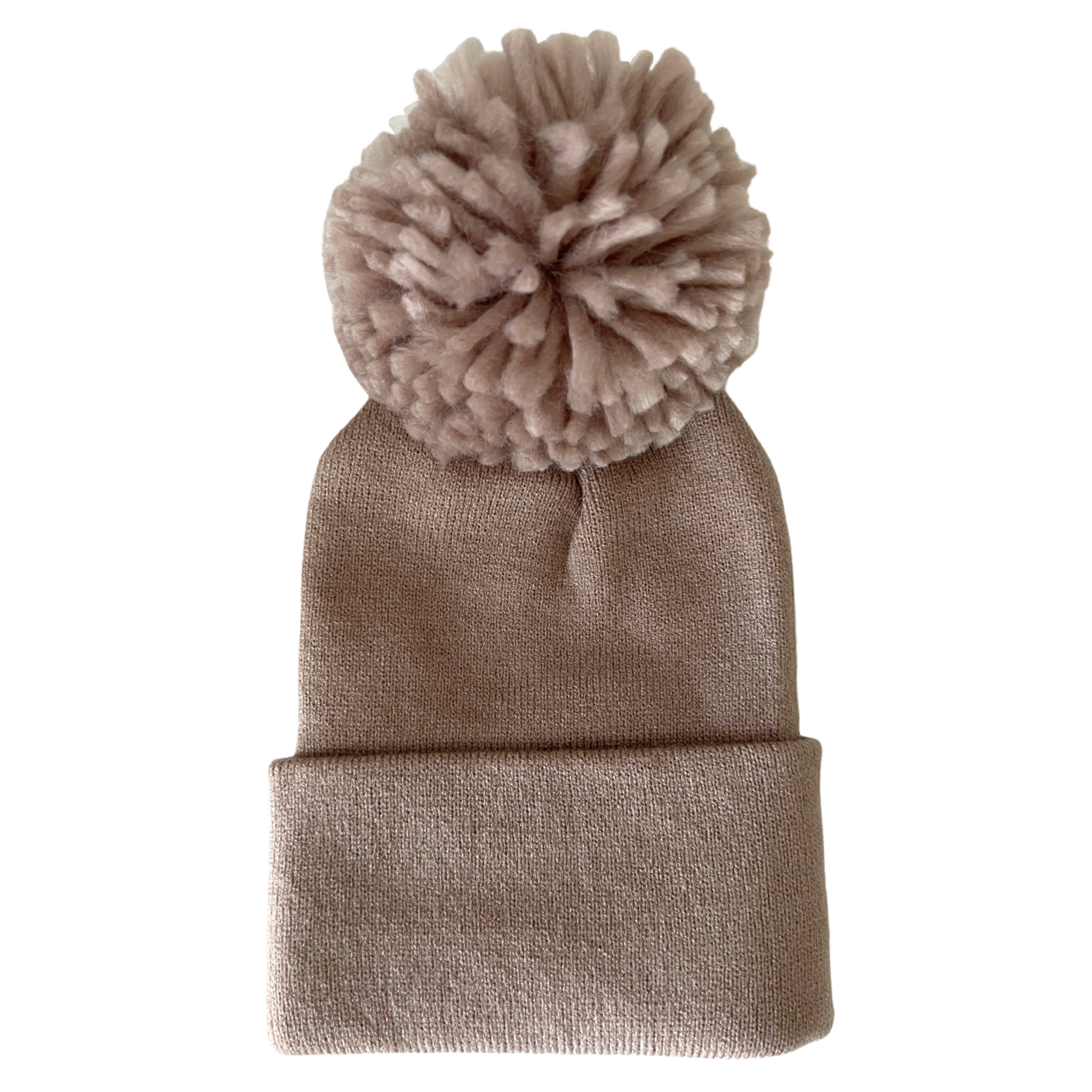 Tan knit beanie with a large fluffy pom-pom on top, ideal for winter wear.