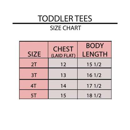 Toddler tees size chart showing dimensions for sizes 2T to 5T, including chest and body length measurements.