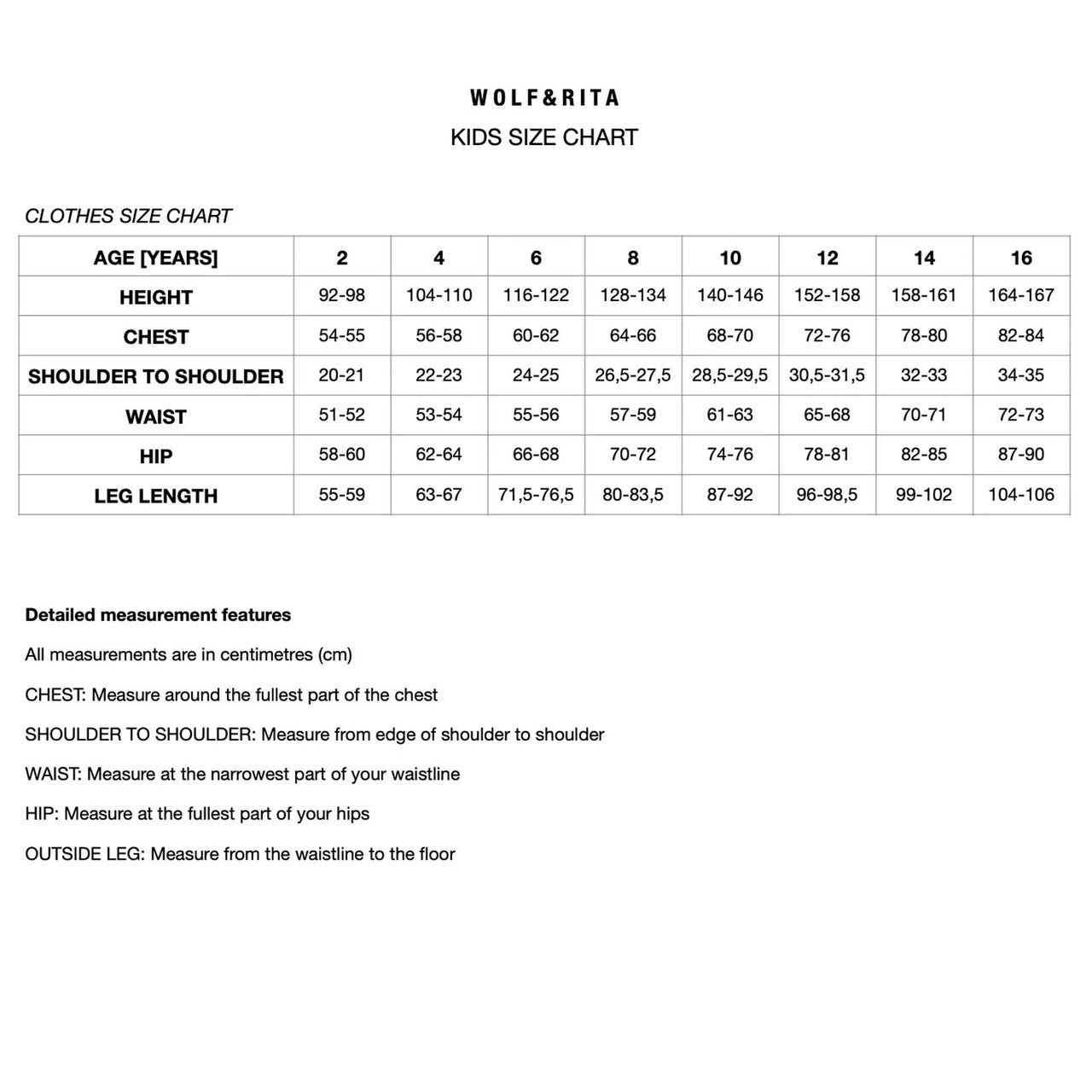 Kids size chart with measurements for height, chest, shoulder, waist, hip, and leg length in centimeters.