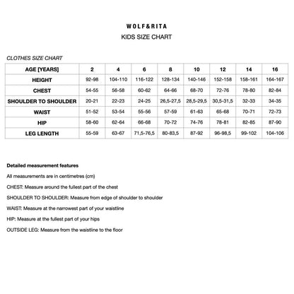 Kids size chart with measurements for height, chest, shoulder, waist, hip, and leg length in centimeters.