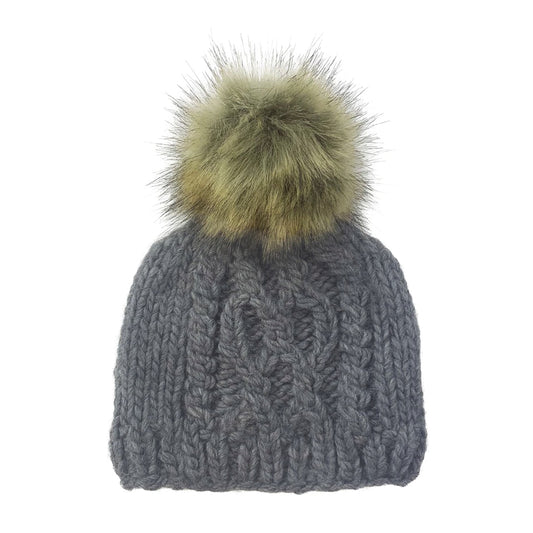 SpearmintLOVE’s baby Cable Knit Fur Pom Hat, Zinc